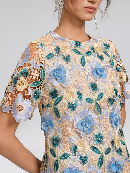 Guipure Lace Floral Leaf-Embellished Dress
