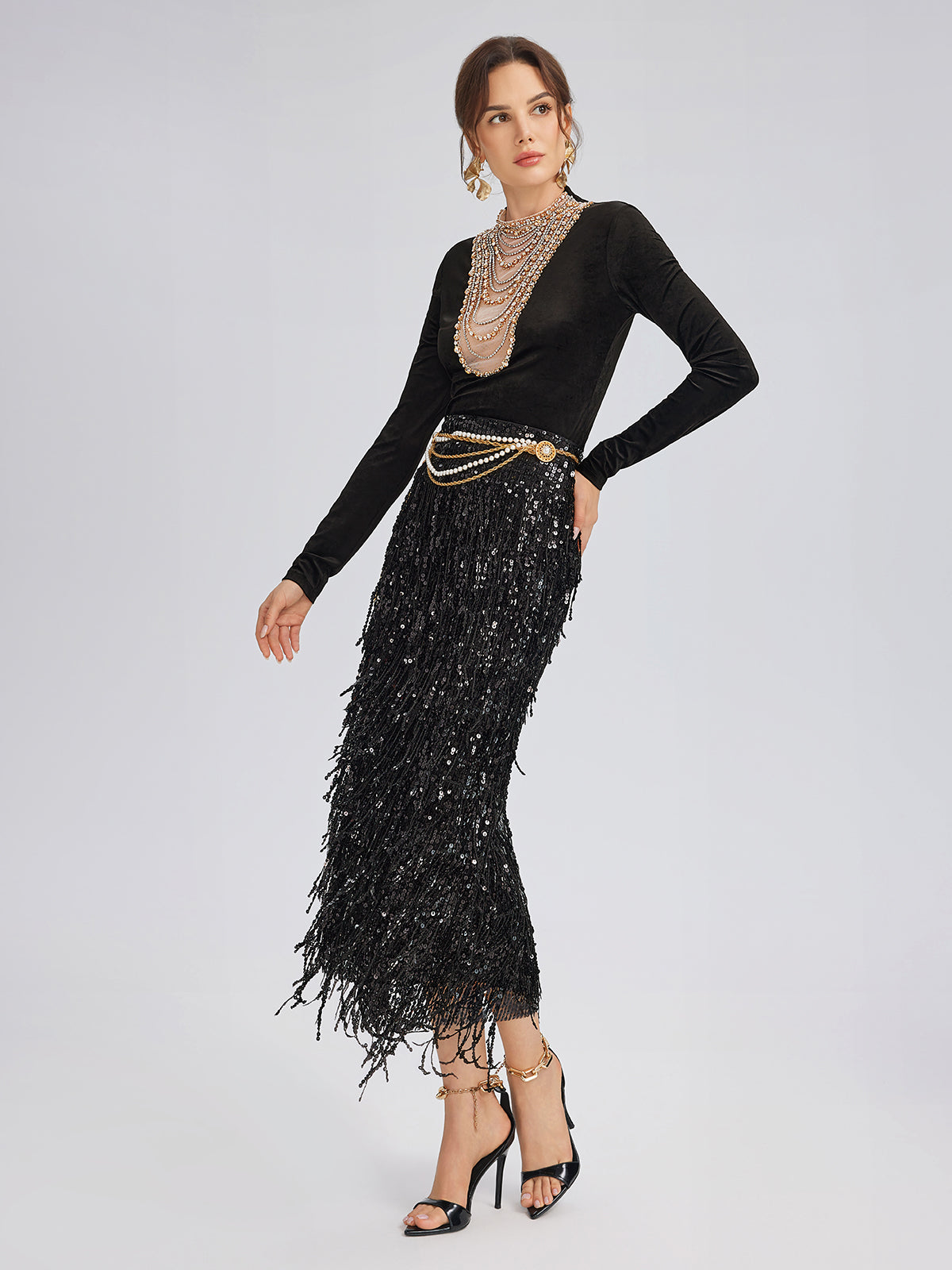 Hand-Beaded Crystal Chain Velvet Top