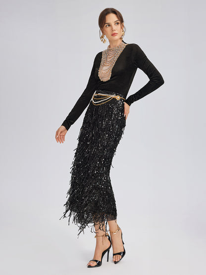 Hand-Beaded Crystal Chain Velvet Top