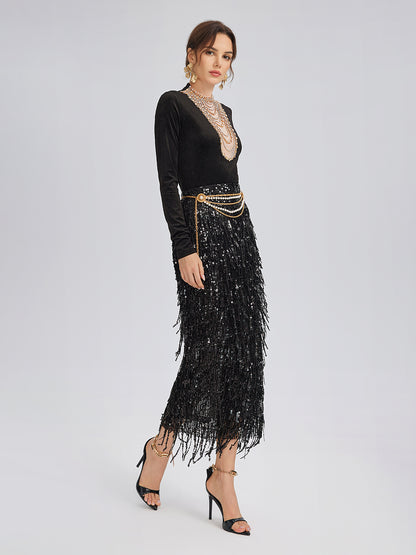 Hand-Beaded Crystal Chain Velvet Top