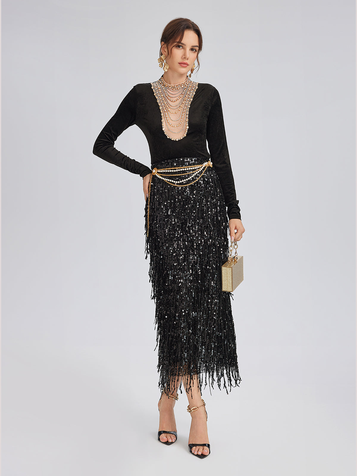 Women's Glitter Sequin Tassel Midi Skirt in Black/Silver for Cocktail Party RICHRADIQS Women's Glitter Sequin Tassel Midi Skirt in Black/Silver for Cocktail Party RICHRADIQS