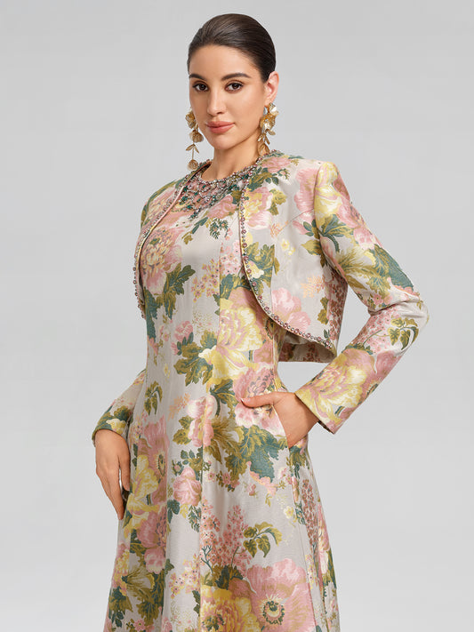 Crystal Beaded Jacquard Cropped Waist Jacket