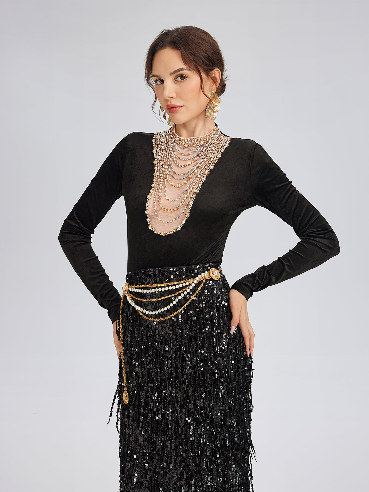 Hand-Beaded Crystal Chain Velvet Top