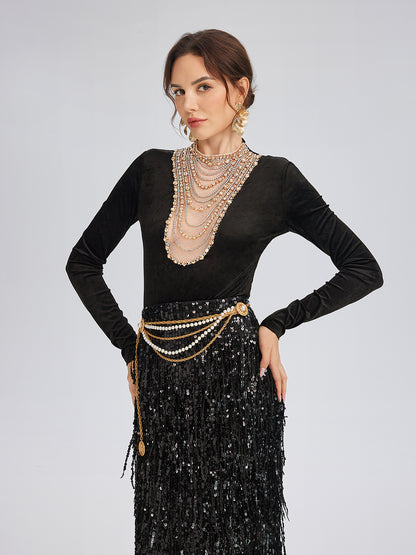 Hand-Beaded Crystal Chain Velvet Top