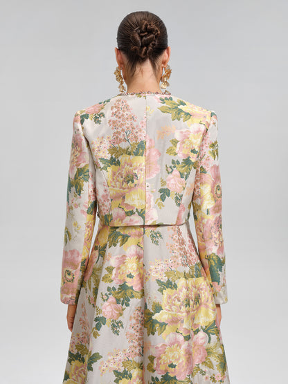 Crystal Beaded Jacquard Cropped Waist Jacket