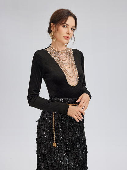 Hand-Beaded Crystal Chain Velvet Top