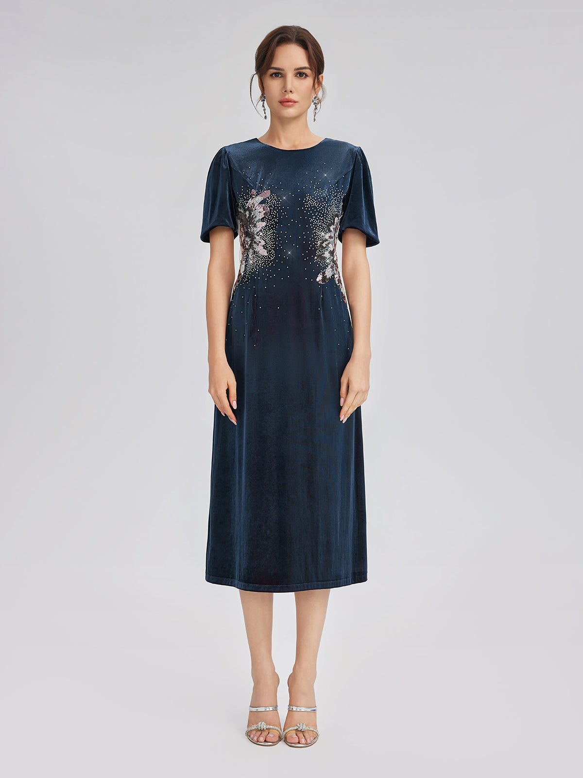 Two-Tone Velvet Rhinestone Embroidered Dress