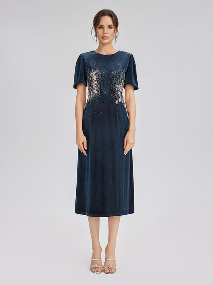 Two-Tone Velvet Rhinestone Embroidered Dress