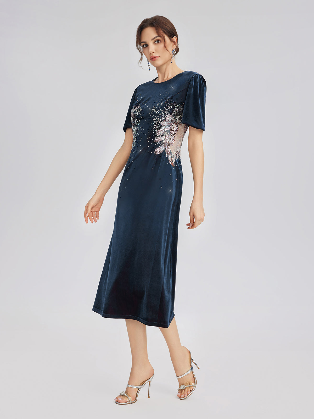 Two-Tone Velvet Rhinestone Embroidered Dress