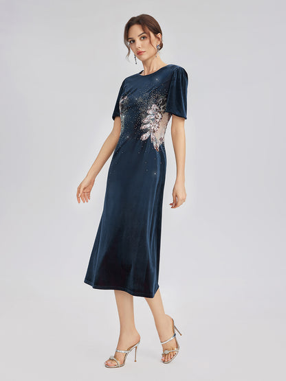 Two-Tone Velvet Rhinestone Embroidered Dress