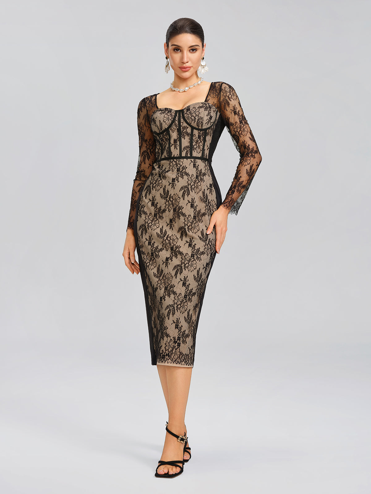 Lace Ribbed Panel Bodycon Dress, Black / 2XL