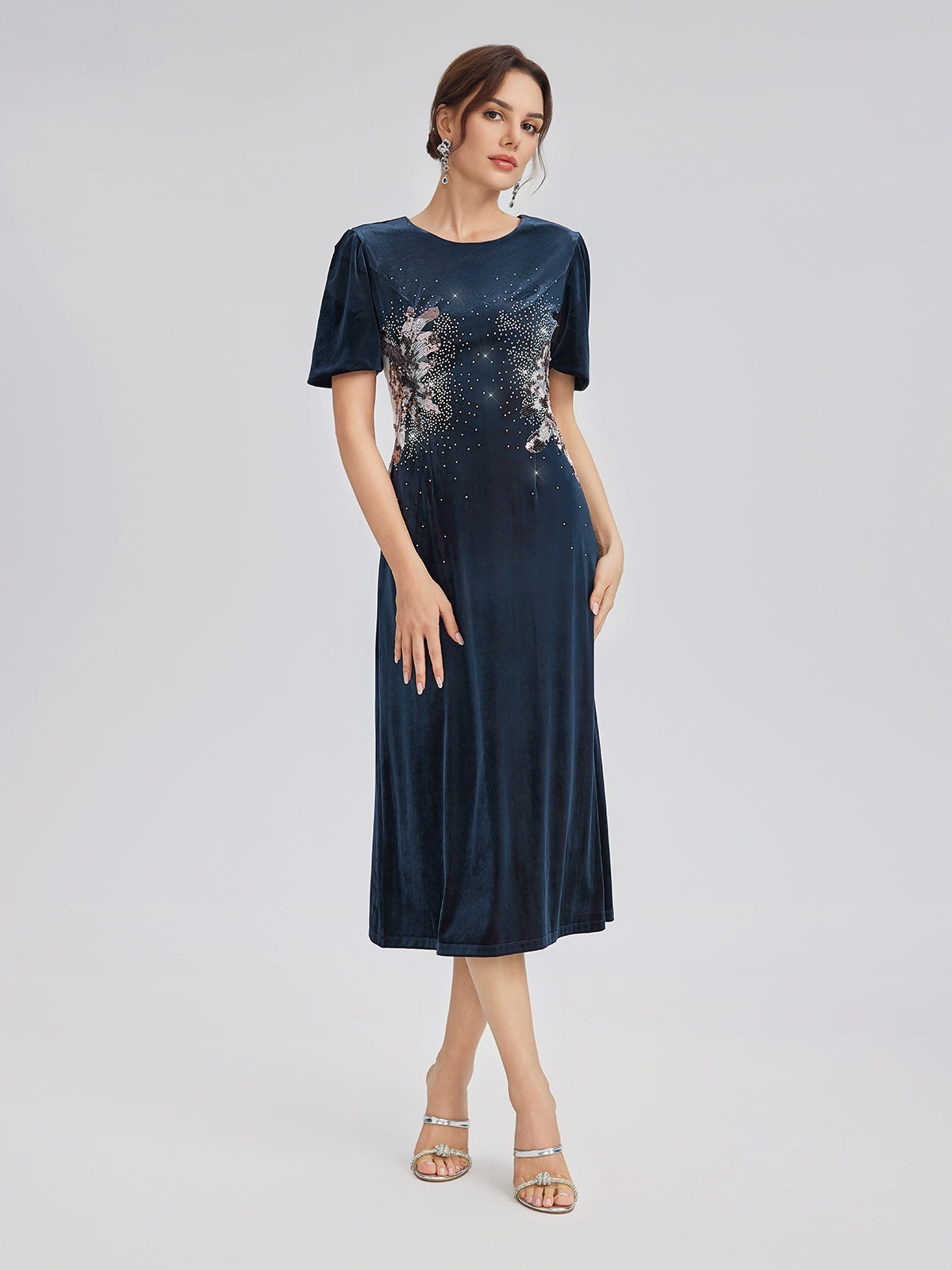 Two-Tone Velvet Rhinestone Embroidered Dress