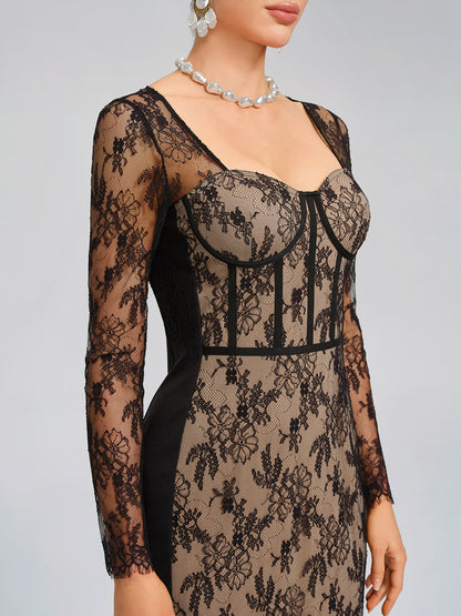Lace Ribbed Panel Bodycon Dress