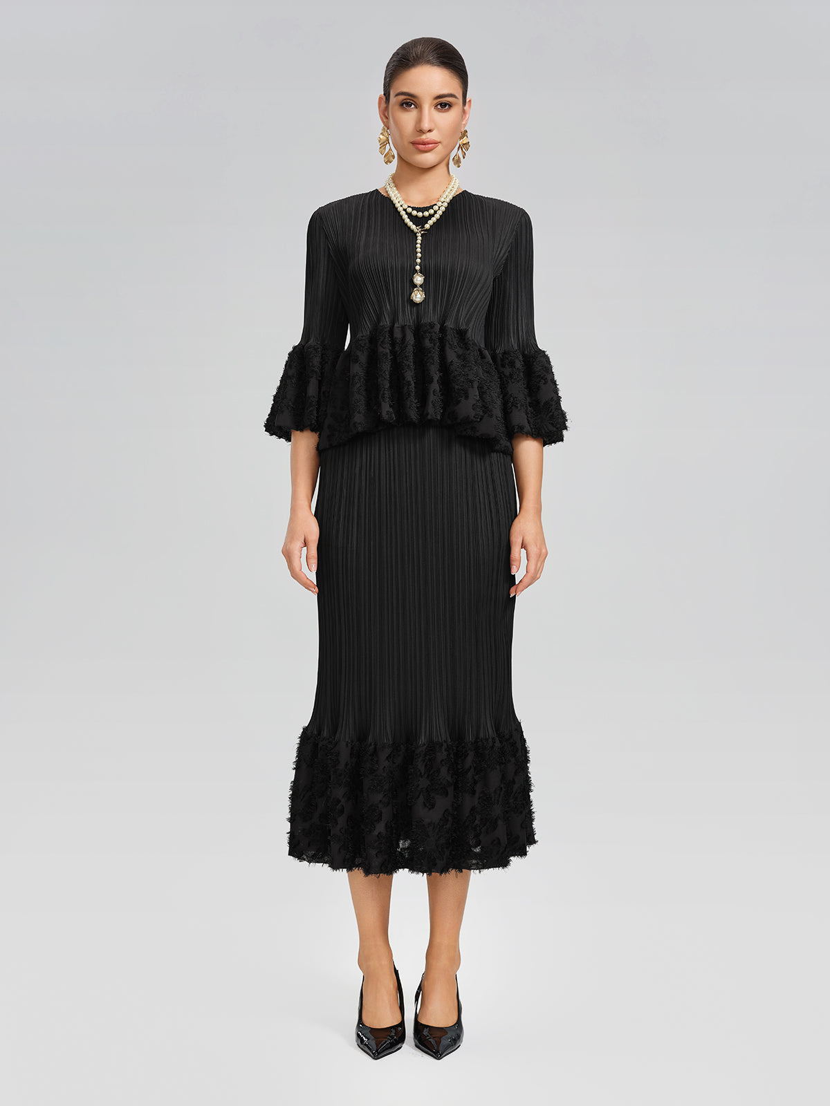 Pleated Bell-Sleeve Stretch Set