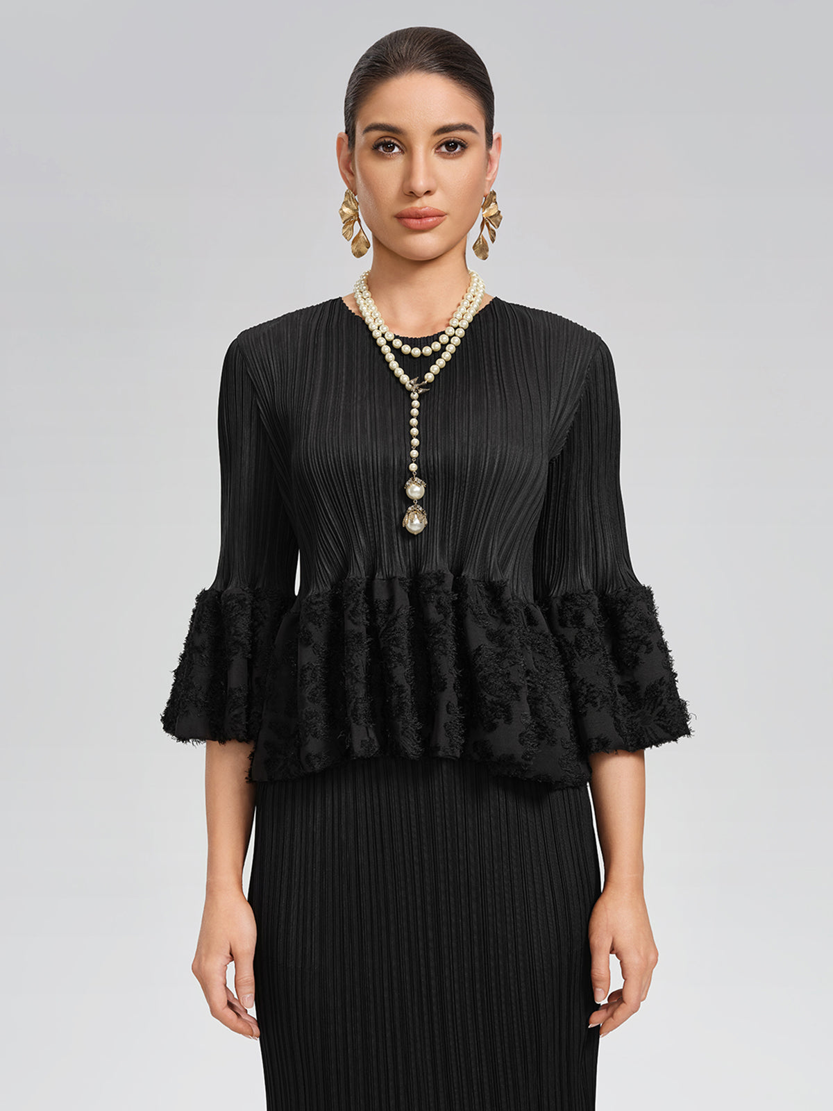 Pleated Bell-Sleeve Stretch Set