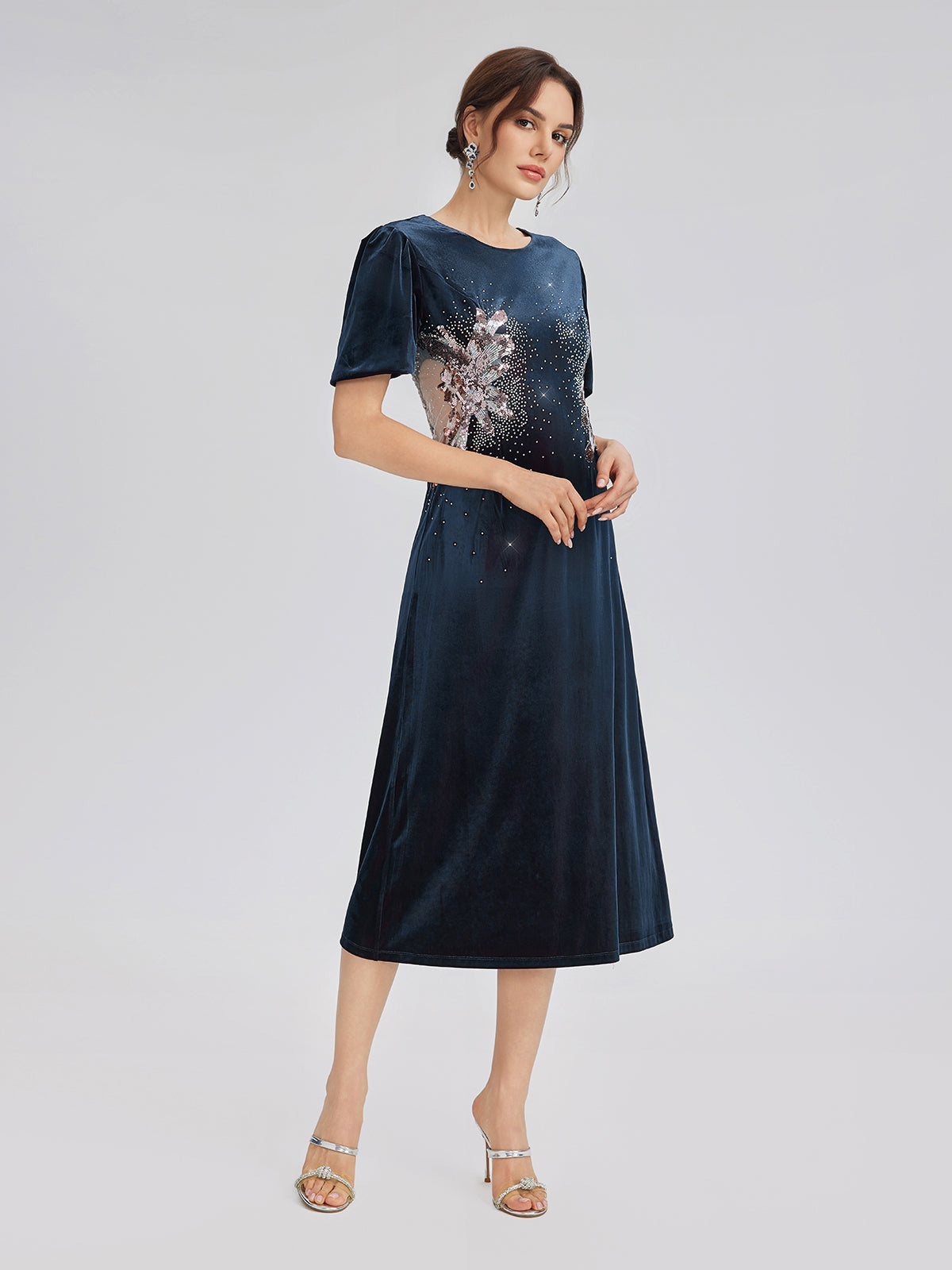 Two-Tone Velvet Rhinestone Embroidered Dress