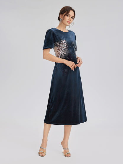 Two-Tone Velvet Rhinestone Embroidered Dress