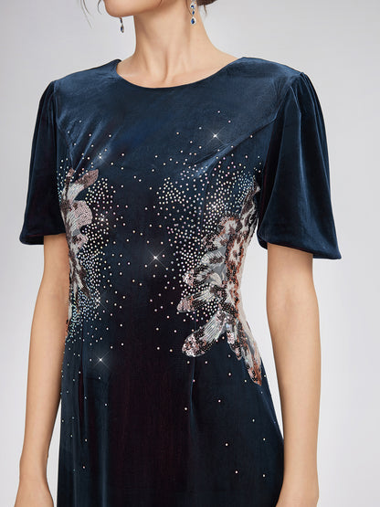 Two-Tone Velvet Rhinestone Embroidered Dress