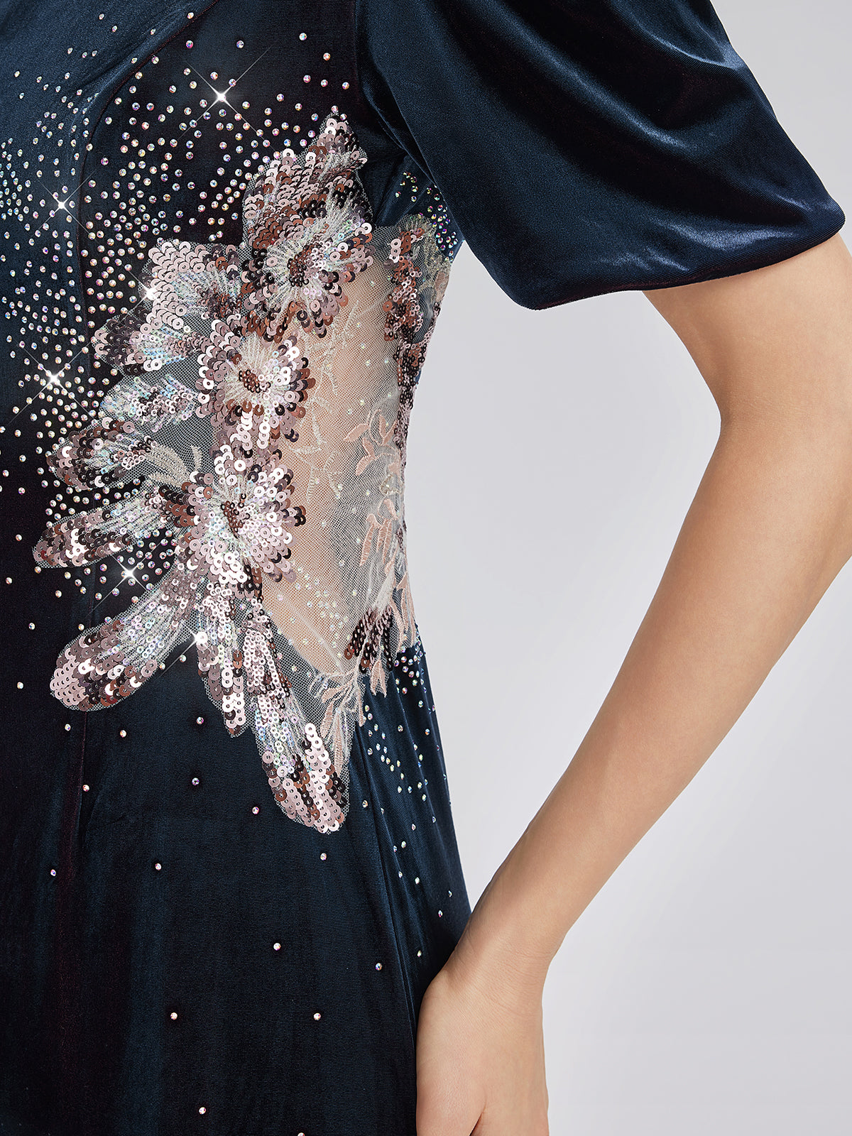 Two-Tone Velvet Rhinestone Embroidered Dress