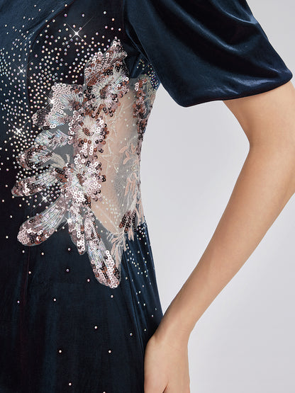 Two-Tone Velvet Rhinestone Embroidered Dress