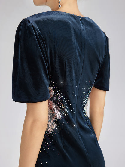 Two-Tone Velvet Rhinestone Embroidered Dress