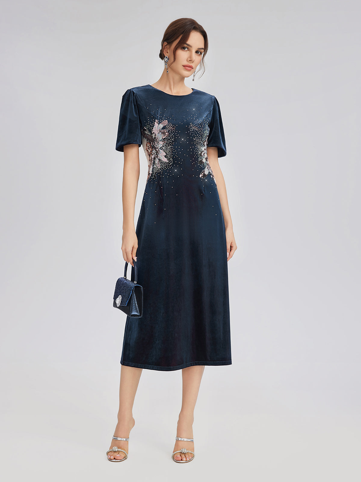 Two-Tone Velvet Rhinestone Embroidered Dress