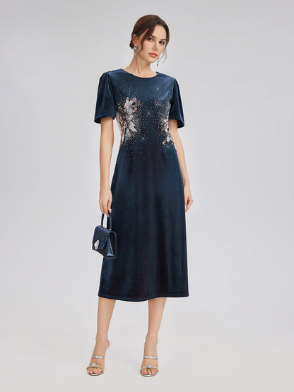 Two-Tone Velvet Rhinestone Embroidered Dress