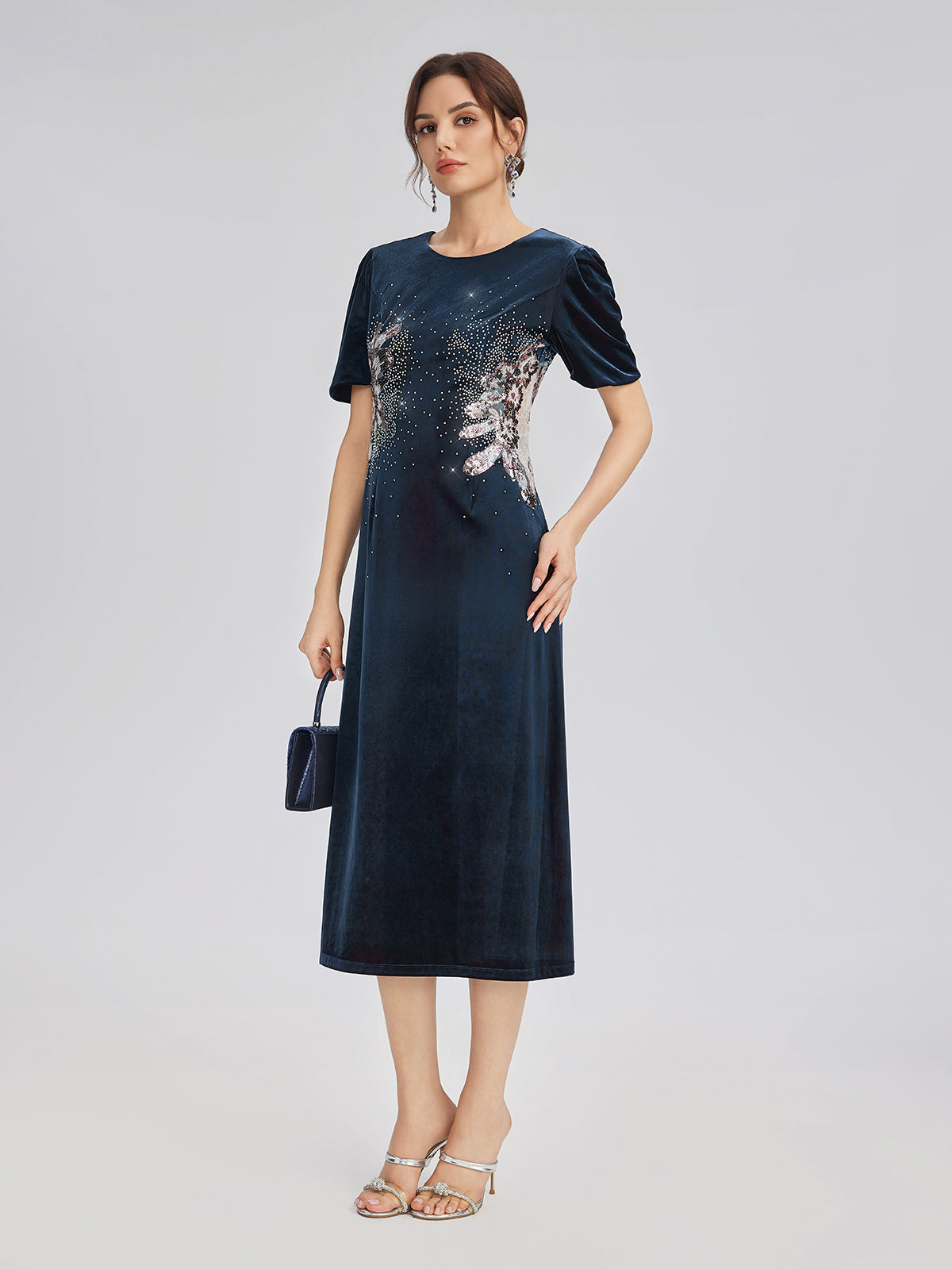 Two-Tone Velvet Rhinestone Embroidered Dress