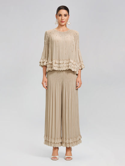 Hand-Stitched Floral Beaded Pleated Set