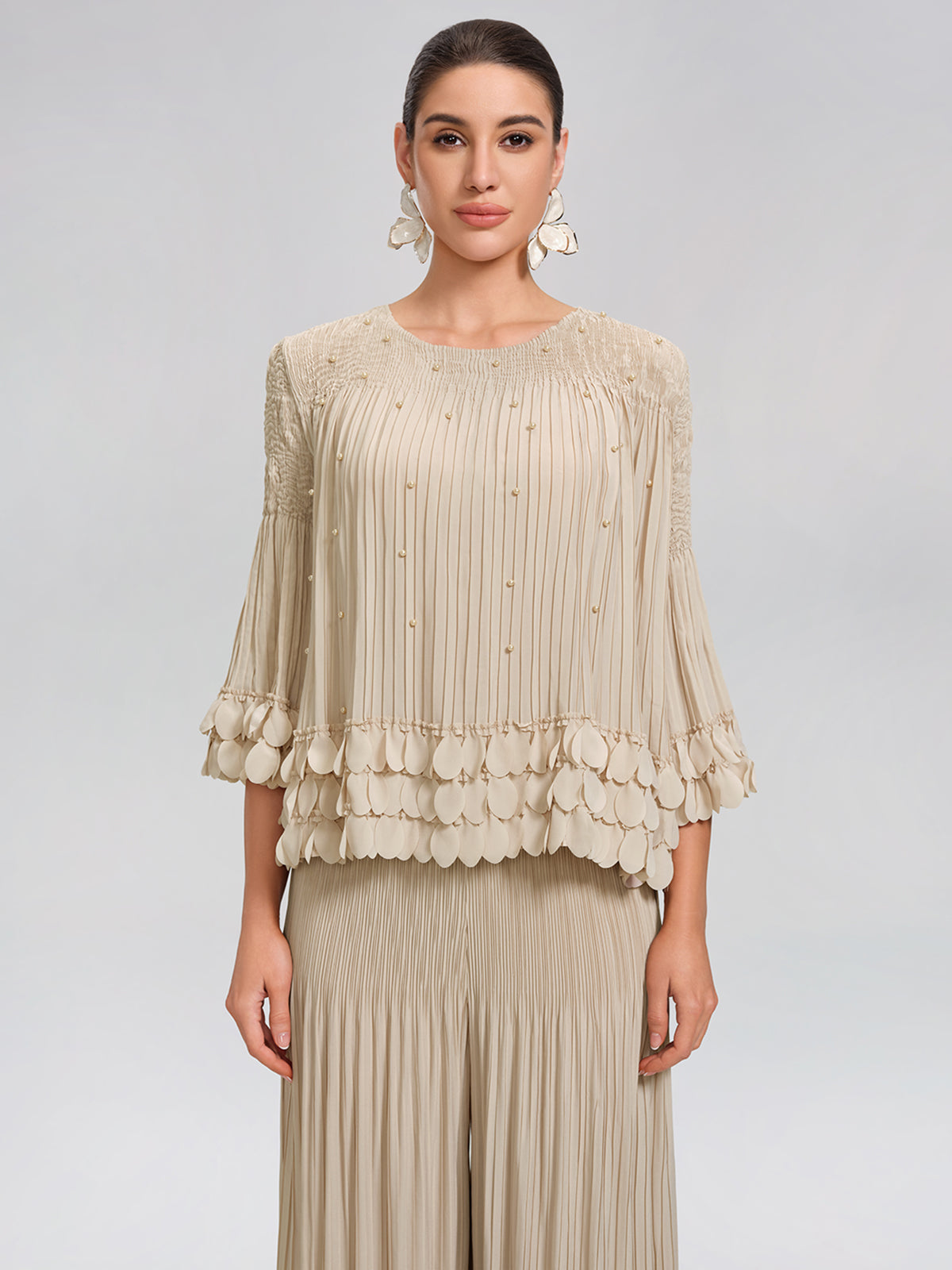 Hand-Stitched Floral Beaded Pleated Set