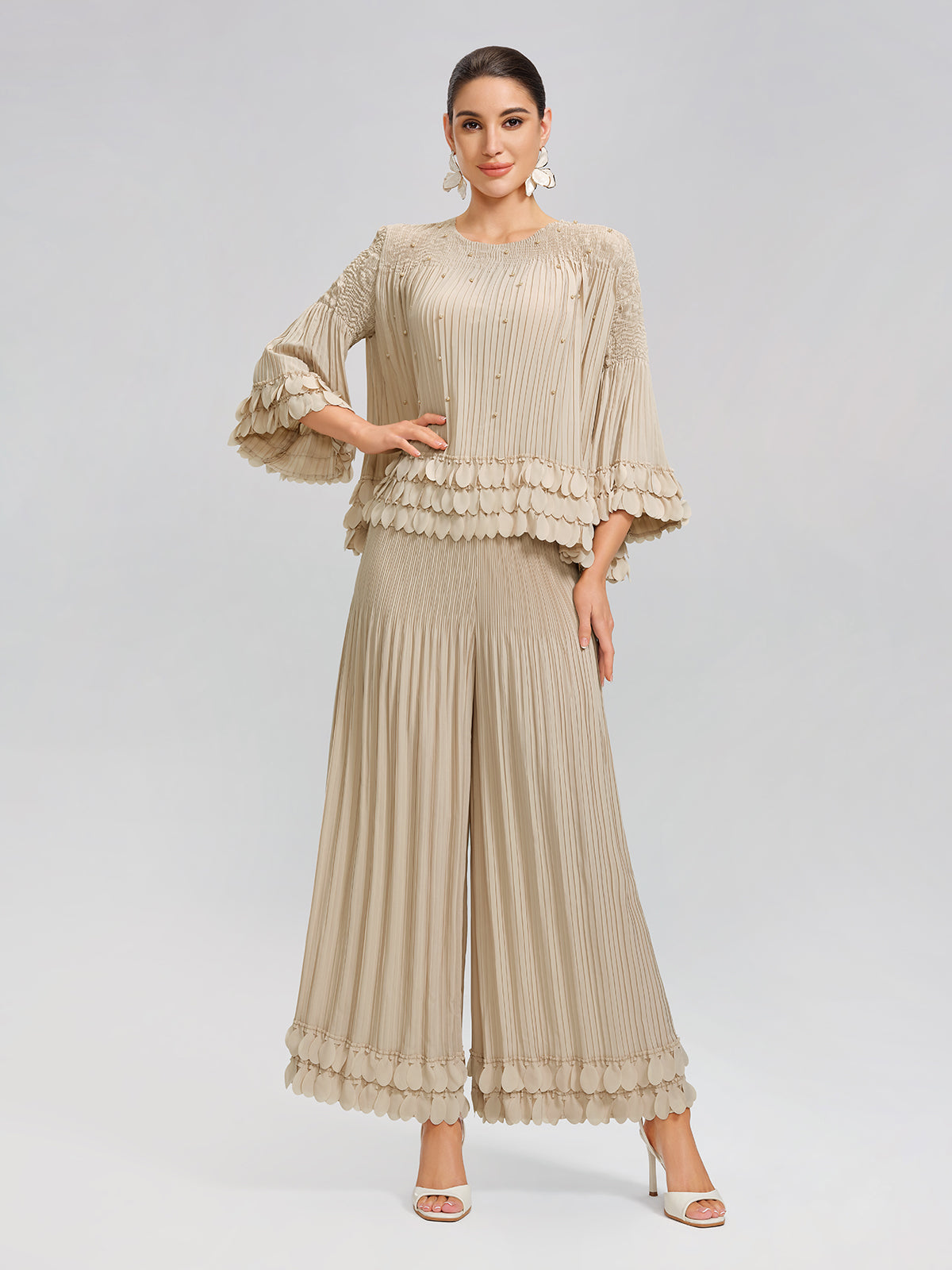 Hand-Stitched Floral Beaded Pleated Set