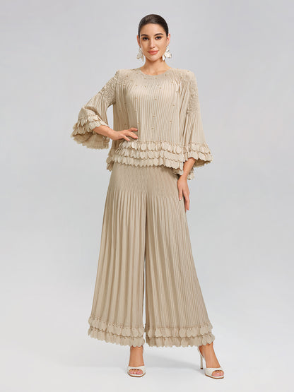 Hand-Stitched Floral Beaded Pleated Set