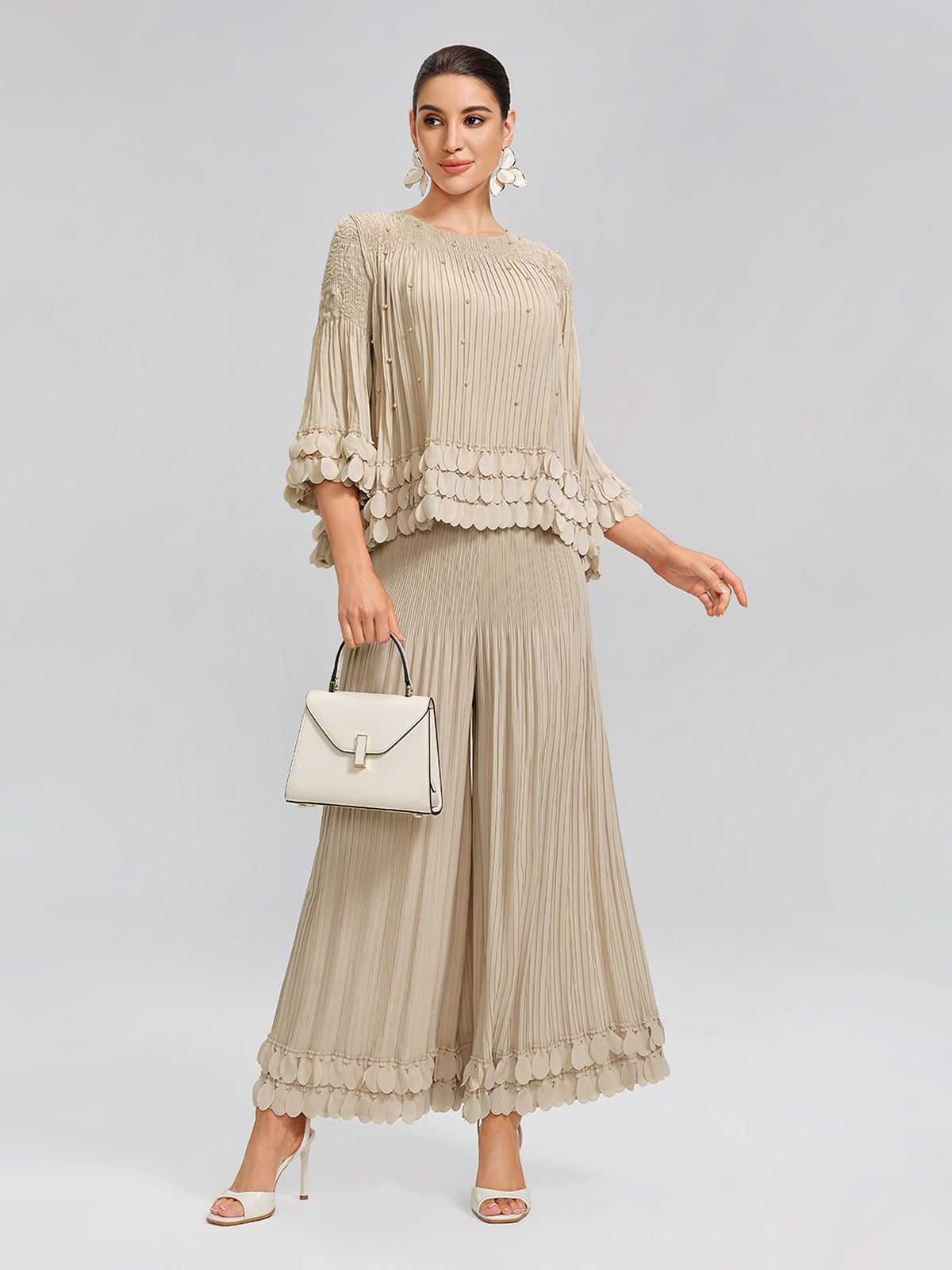 Hand-Stitched Floral Beaded Pleated Set