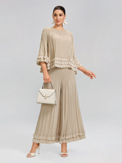 Hand-Stitched Floral Beaded Pleated Set