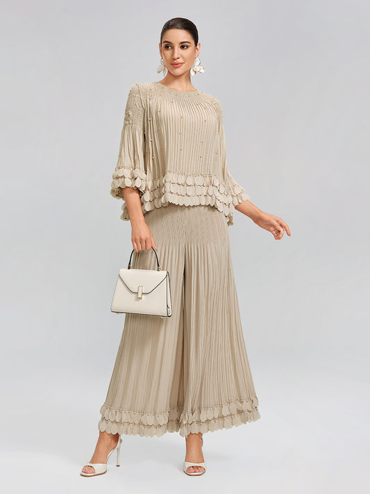 Hand-Stitched Floral Beaded Pleated Set