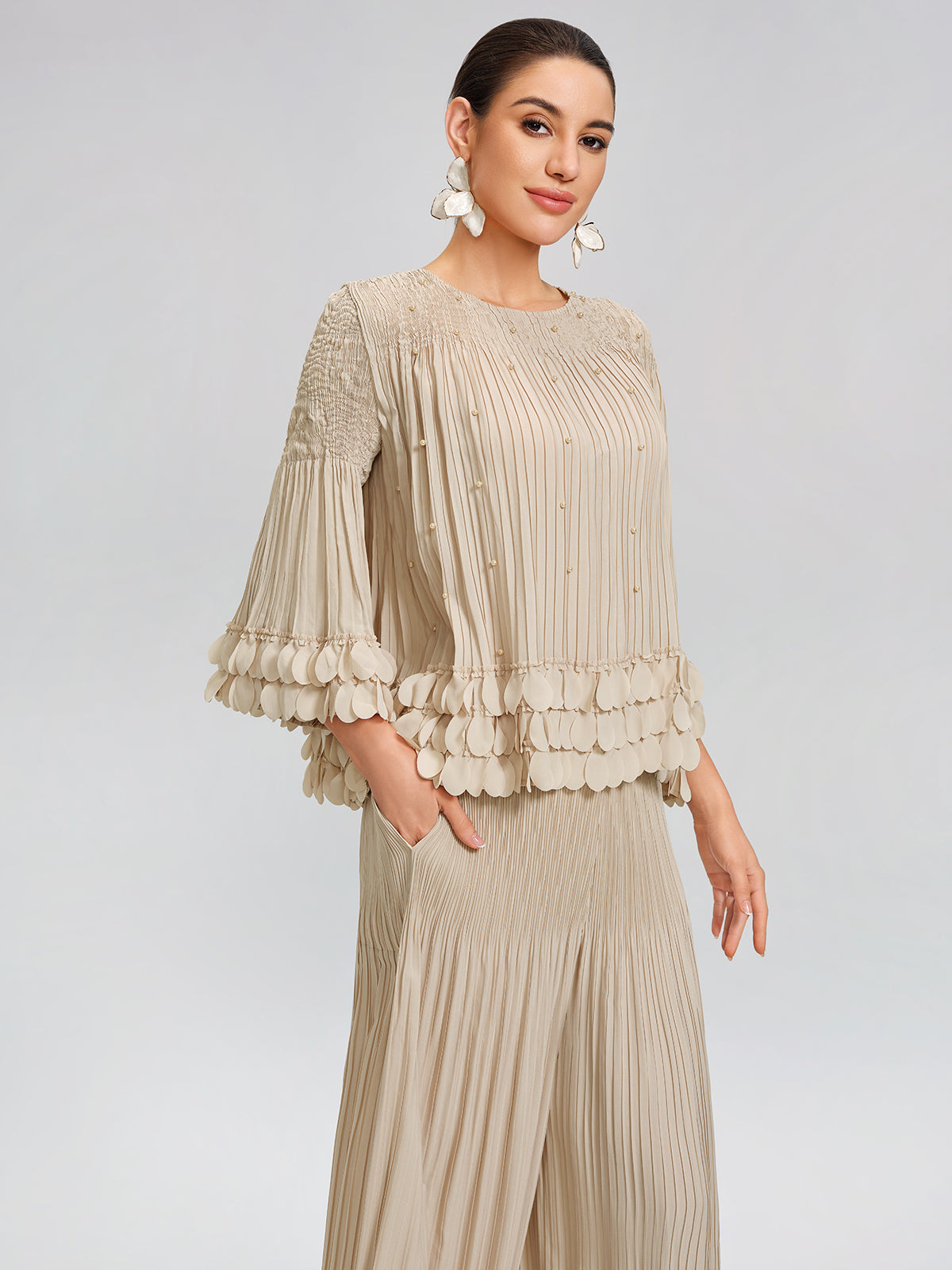 Hand-Stitched Floral Beaded Pleated Set