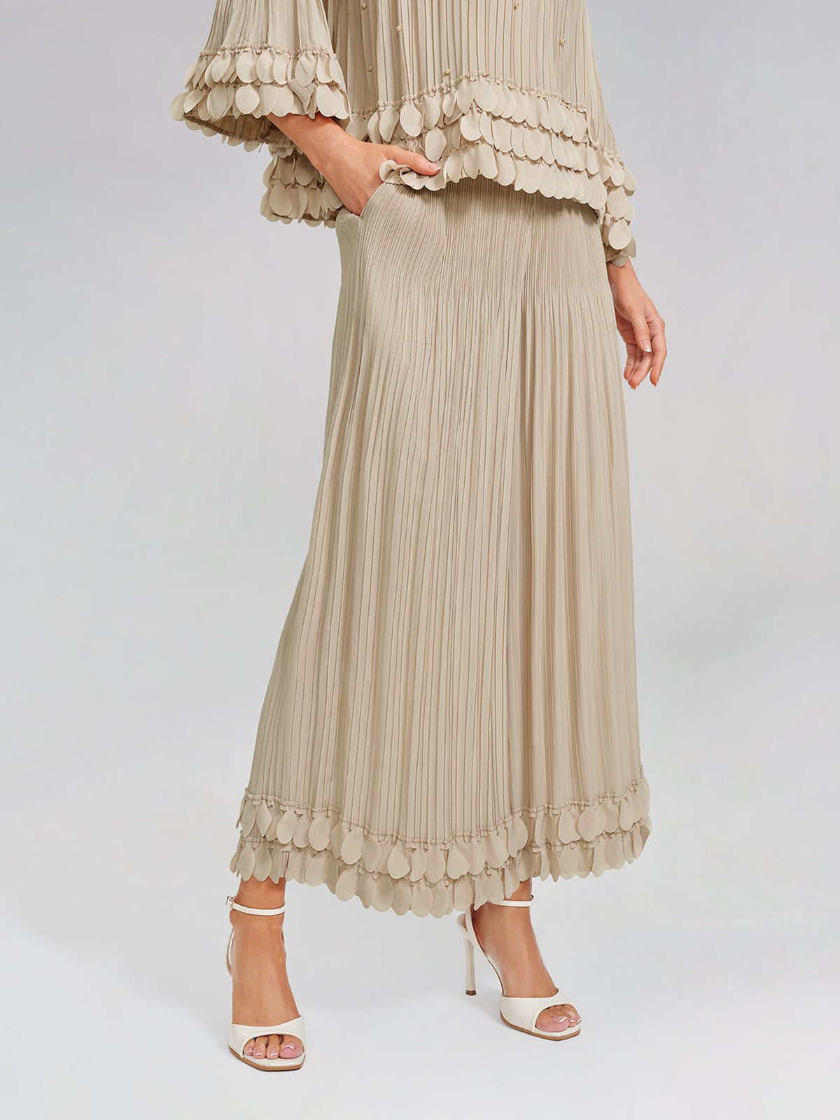 Hand-Stitched Floral Beaded Pleated Set
