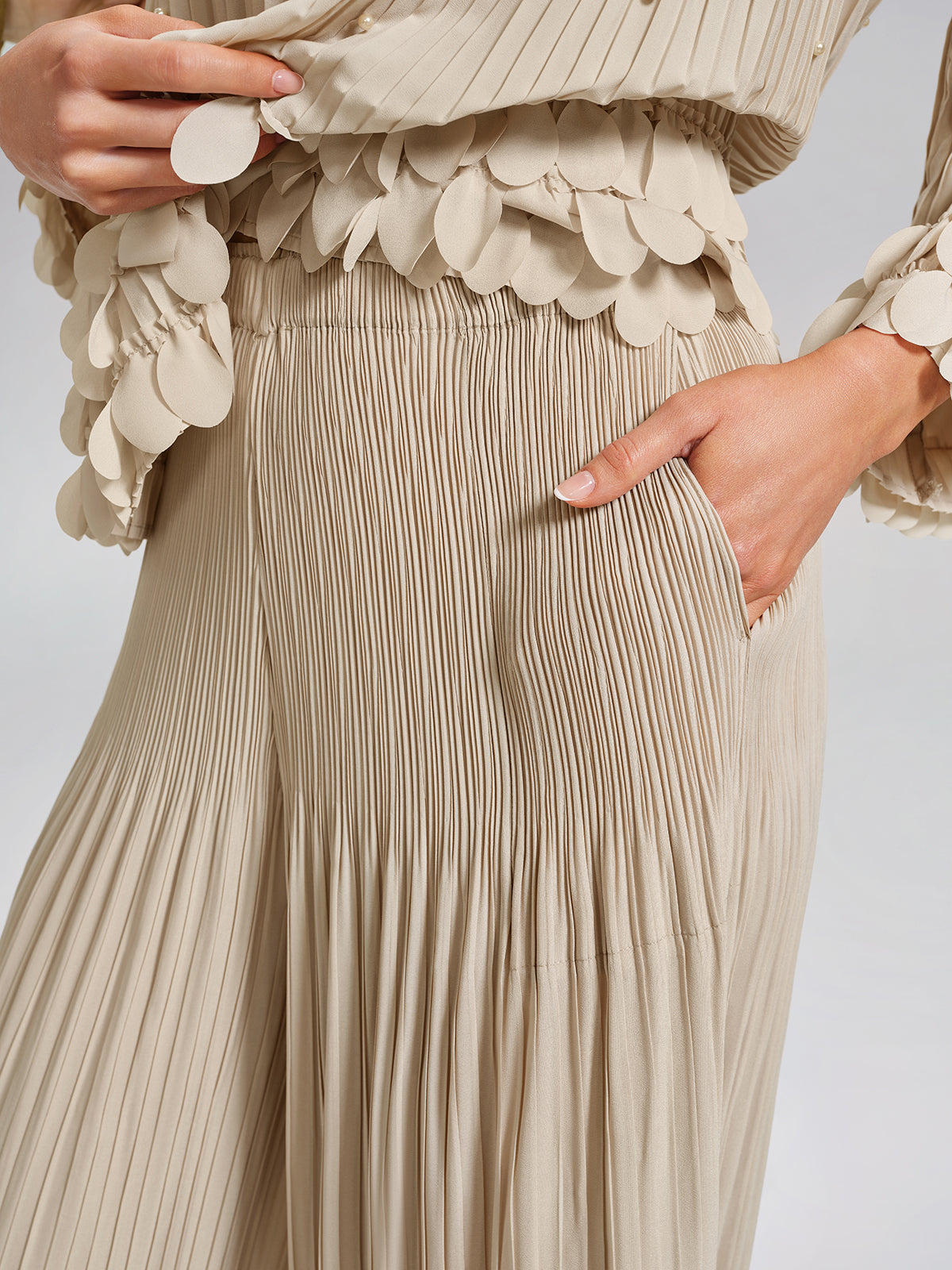 Hand-Stitched Floral Beaded Pleated Set