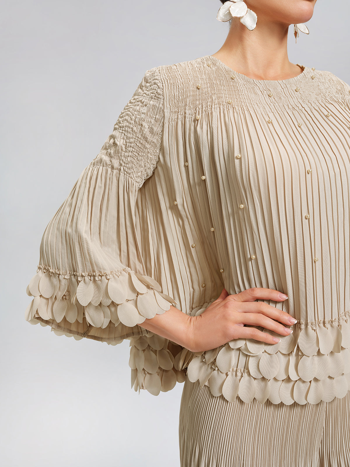 Hand-Stitched Floral Beaded Pleated Set