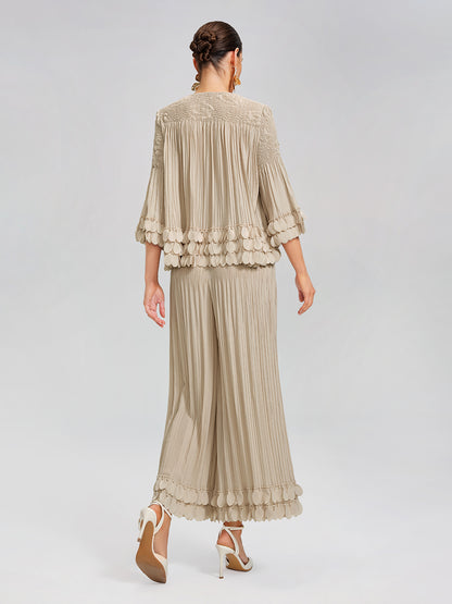 Hand-Stitched Floral Beaded Pleated Set