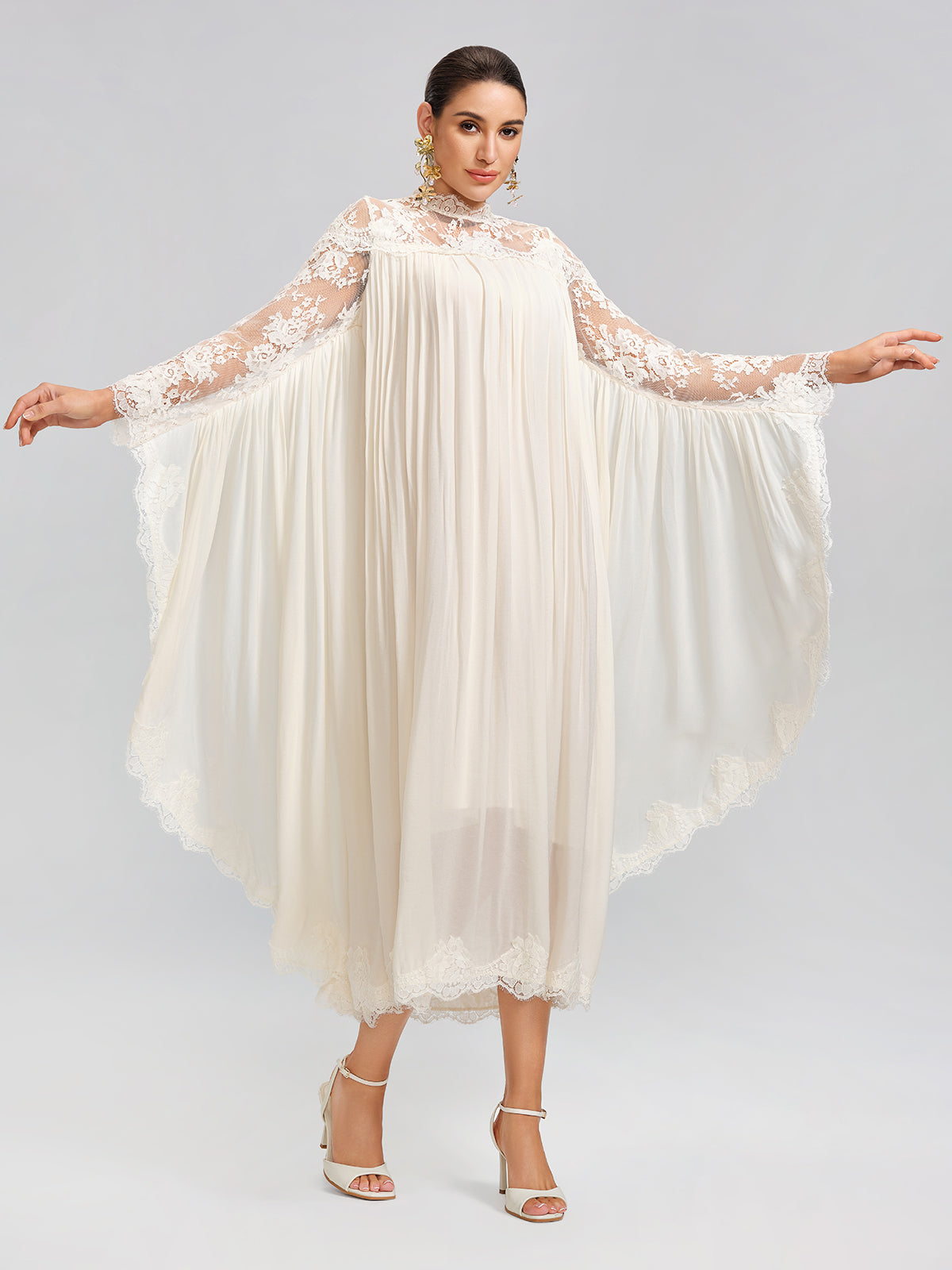 100% Tasar Silk Lace-Panel Dress (Waist Tie Included)