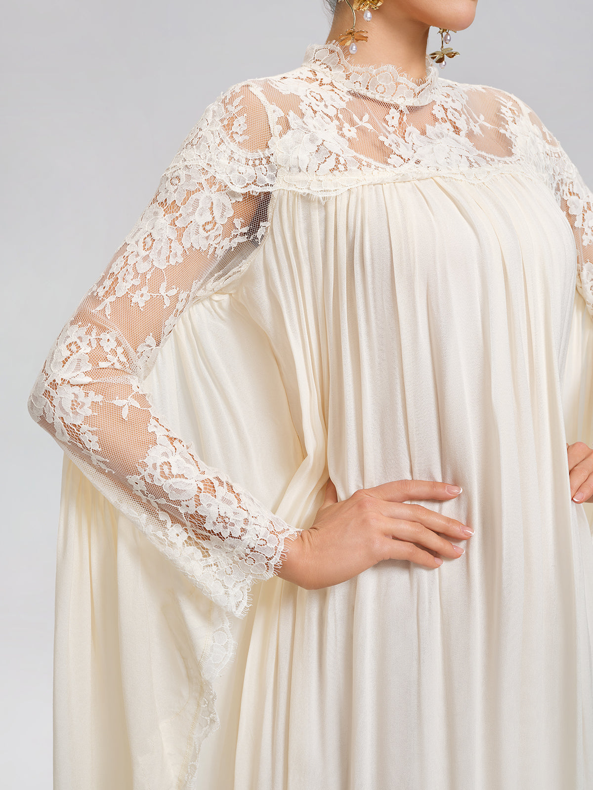 100% Tasar Silk Lace-Panel Dress (Waist Tie Included)