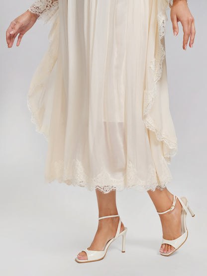 100% Tasar Silk Lace-Panel Dress (Waist Tie Included)