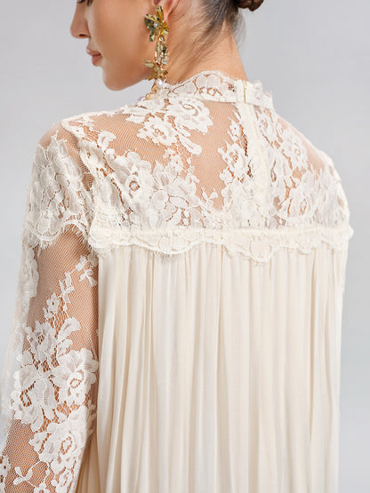 100% Tasar Silk Lace-Panel Dress (Waist Tie Included)