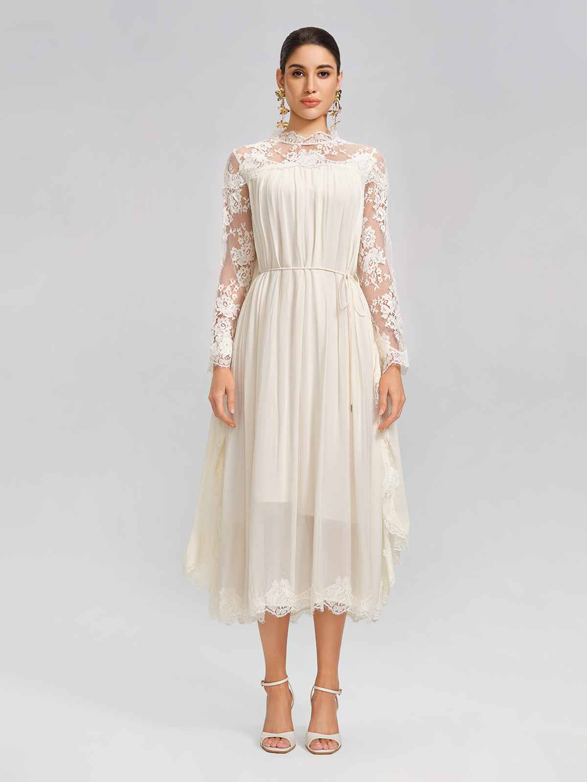 100% Tasar Silk Lace-Panel Dress (Waist Tie Included)