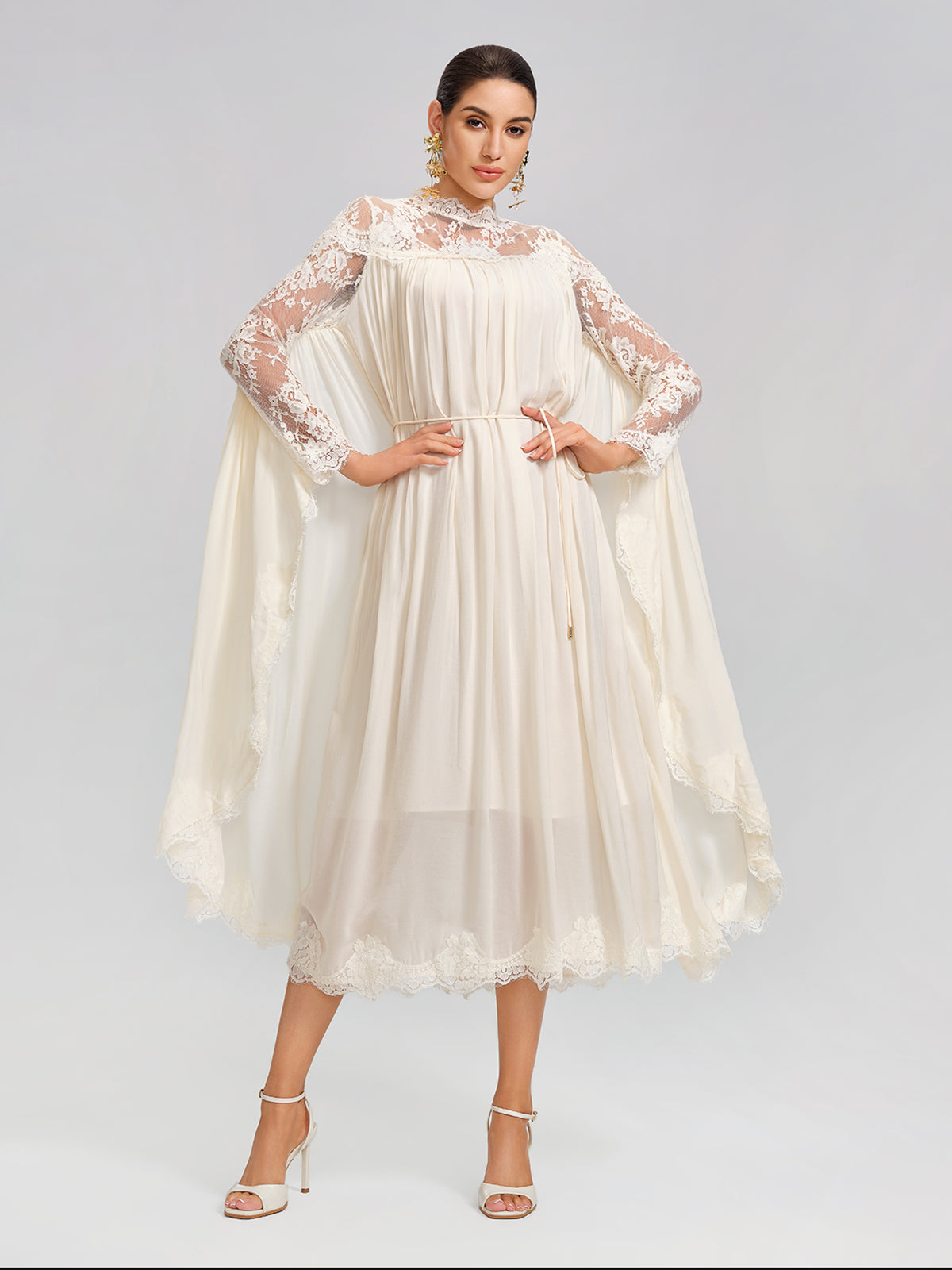 100% Tasar Silk Lace-Panel Dress (Waist Tie Included)