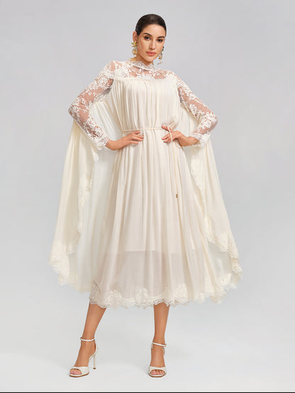 100% Tasar Silk Lace-Panel Dress (Waist Tie Included)