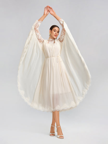 100% Tasar Silk Lace-Panel Dress (Waist Tie Included)