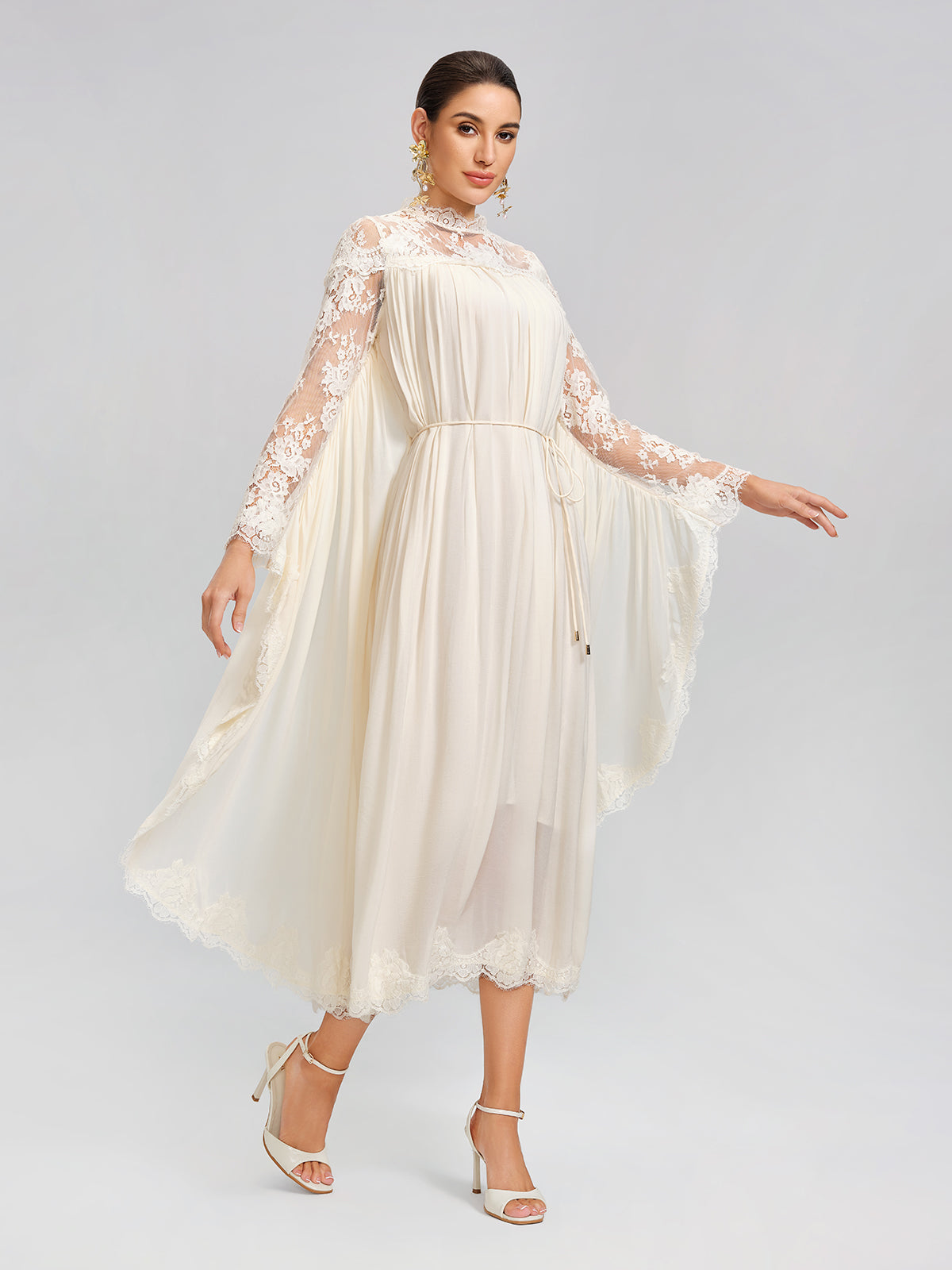 100% Tasar Silk Lace-Panel Dress (Waist Tie Included)