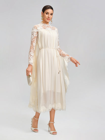 100% Tasar Silk Lace-Panel Dress (Waist Tie Included)